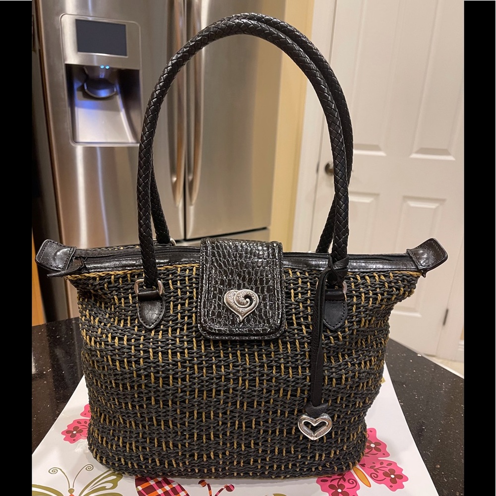 BRIGHTON BLACK AND TAN JUTE &  LEATHER SHOULDER BAG HANDBAG